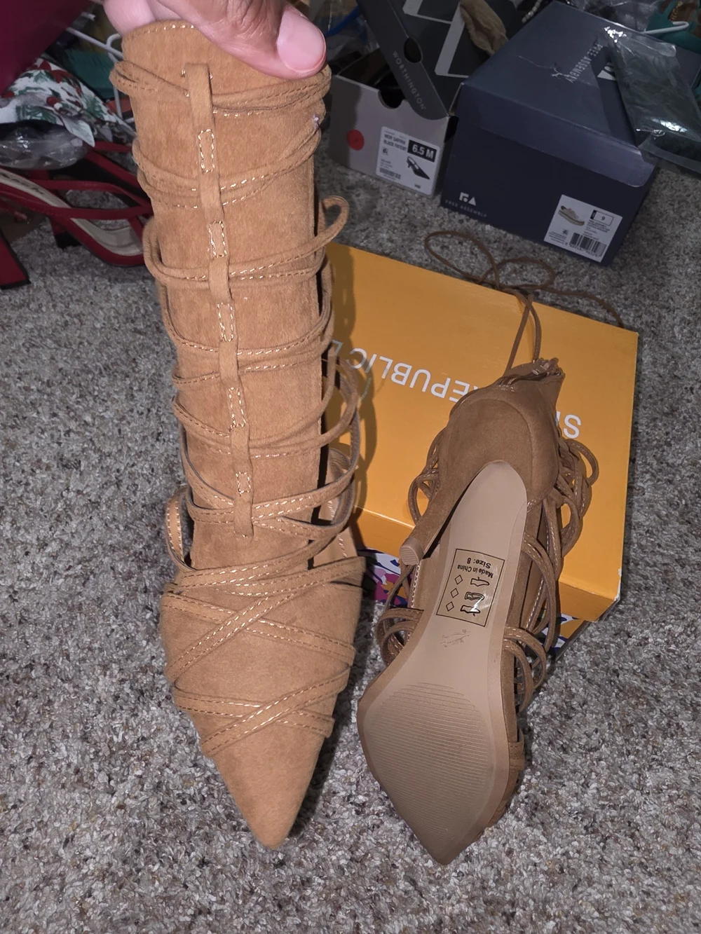 Shoe Republic LA Women's Tan Lace-Up Pointed Toe Heels